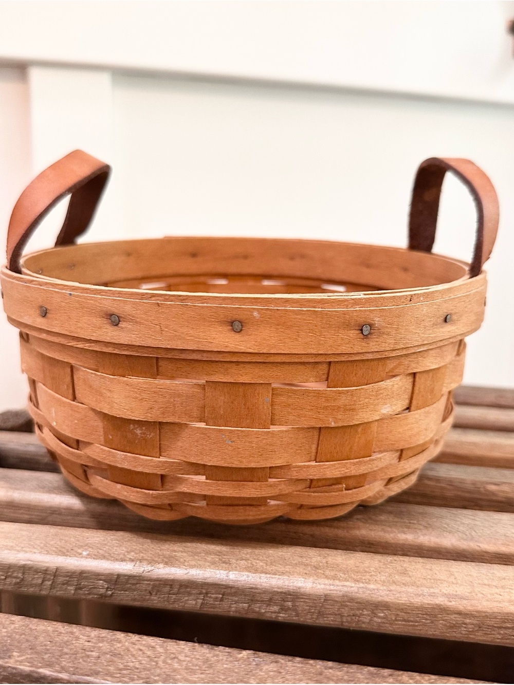 LONGABERGER Classic Woven Wood Basket with Leather Handles - Natural Brown 7”